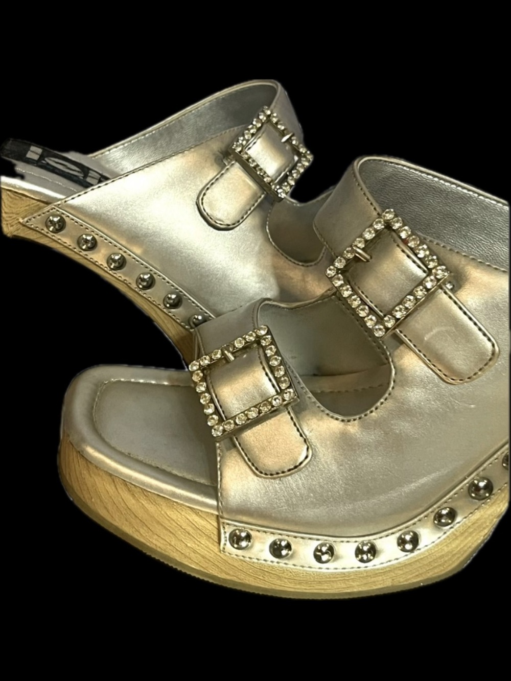 lei Silver Leather rhinestone Crystal buckle platform high heel wood mule shoes